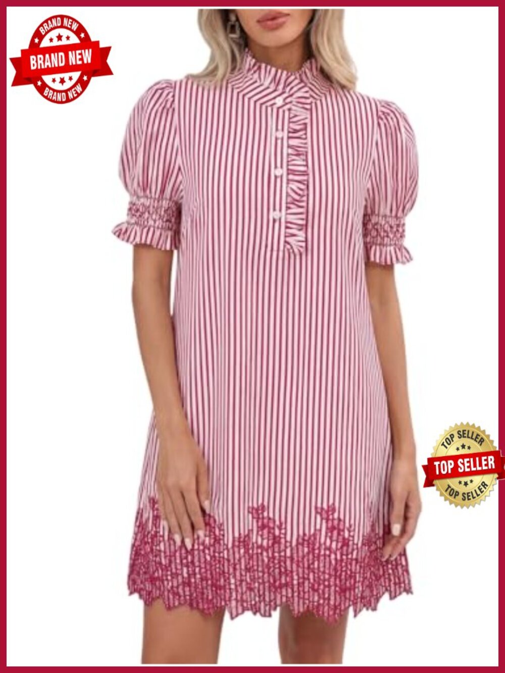 Embroidered Striped Shift Dress Puff Sleeve Ruffle Collar Button Front